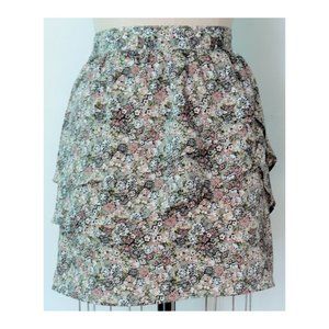 H&M GREEN BLACK PINK DITZY FLORAL ASYMMETRIC TIERED COQUETTE MINI SKIRT 12 NWT